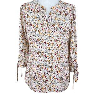 Cynthia Rowley Floral Split Neck 3/4 Tie Sleeve Flowy Top S CottageCore Light